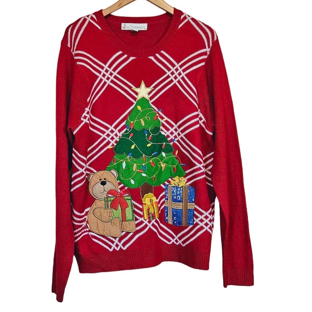 Jolly Sweaters Red Christmas‎ Tree and Teddy Bear Sweater Women's Large